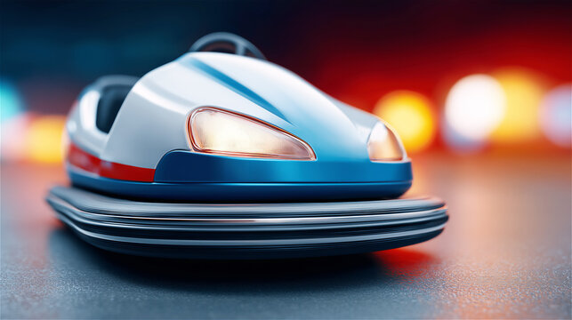 Colorful bumper car with blurred lights in background, concept of fun, leisure and entertainment at amusement park.