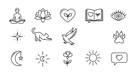 Simple line art icons representing wellness, mindfulness and nature elements for creative use