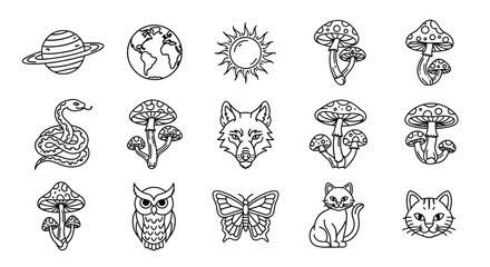 Assortment of magical creatures, celestial bodies, and plants whimsical line art drawing
