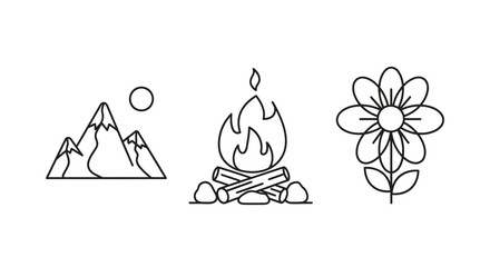 Minimalist icons showcasing adventure elements: mountains, campfire and daisy outdoor serenity