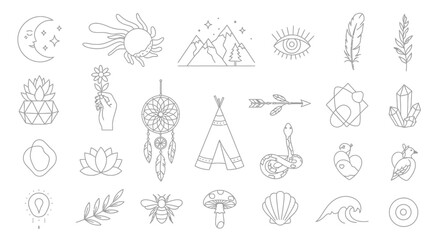 Collection of line art icons and symbols representing nature and spiritual concepts