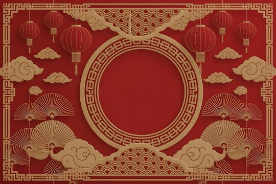 Chinese New Year 3D Background with Circular Frame, Red Lanterns, Golden Fans and Traditional Asian Patterns