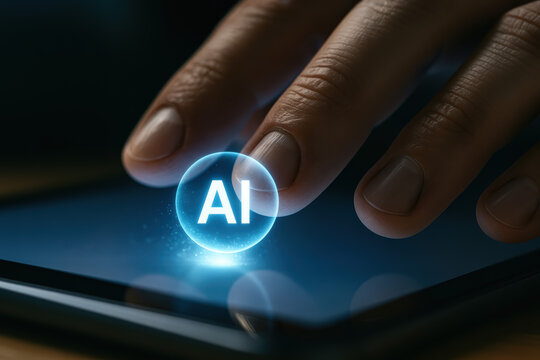 Abstract concept artificial intelligence interaction on a touch device depicting a glowing AI sphere between fingertips above a tablet screen with futuristic blue lighting and