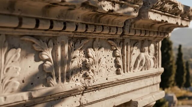 Intricate foliate carvings on the weathered stone cornice of an ancient classical ruin.
