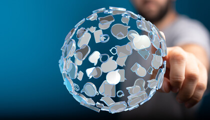 Abstract image of a person interacting with a sphere of speech bubbles, representing communication, social networking, and global con