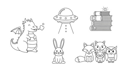 Line art drawing featuring cute cartoon animals, a dragon, a spaceship, and books for coloring