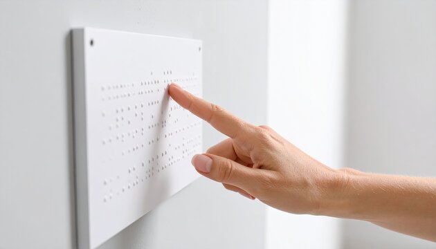 Hand reading braille on white sign showing accessibility inclusion and empowerment through tactile language used by visually impaired people worldwide