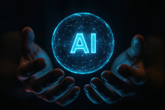 Bright holographic sphere labeled AI hovered between cupped hands glowing blue with network lines and digital reflections against a dark background suggesting technology