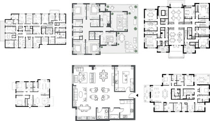 Compilation of six diverse floor plans for residential units