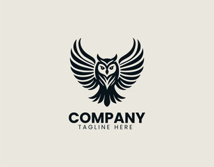 Fototapeta premium Majestic owl silhouette vector logo illustration with powerful, symmetrically spread wings and detailed feather texture. Wisdom and power concept