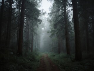Fototapeta premium Moody dark forest path secluded solitude natural light tranquil earthy trees peaceful foliage