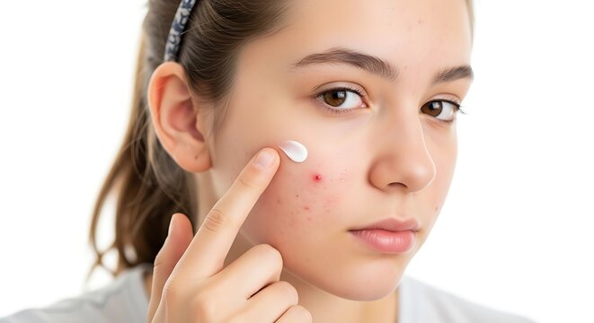 Young woman applying cream to a blemish on her cheek, focusing on skincare and acne treatment.