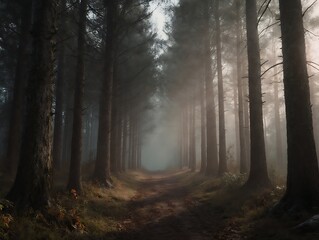 Obraz premium Mysterious ancient forest path journey through filtered sunlight and damp shadows.