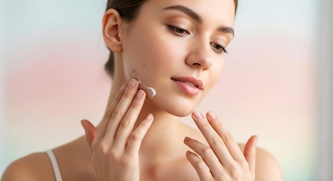 A young woman applies facial cream to her face, gently massaging the moisturizer into her skin with her fingertips, looking down.