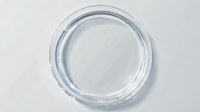 Top-down studio shot of an empty clear glass petri dish on a gradient white surface