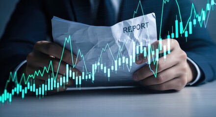 Business report on market analysis showing a financial document with data visuals and growth trends reflecting energy and uncertainty in economy investor risk and strategic planning
