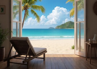 Naklejka premium Open doorway view of peaceful tropical island beach with mountains palm trees and daylight.