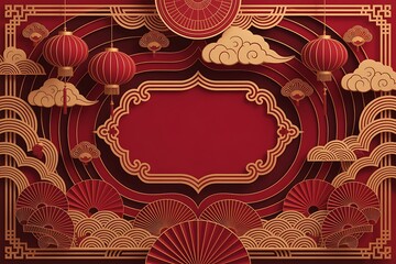 Chinese New Year Wavy Red Background with Ornate Gold Frame, Hanging Lanterns and Layered Fan Decorations