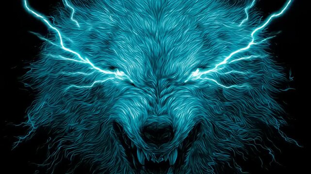 Digitally enhanced wolf head with electric energy on black background