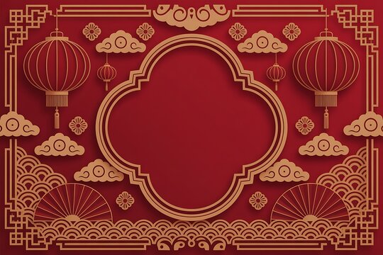 Chinese New Year Elegant Paper Cut Style Background with Gold Frame, Red Lanterns, Auspicious Clouds and Copy Space