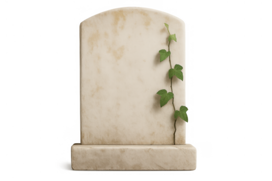 Blank marble tombstone with ivy vine for memorializing and remembering loved ones on a transparent background
