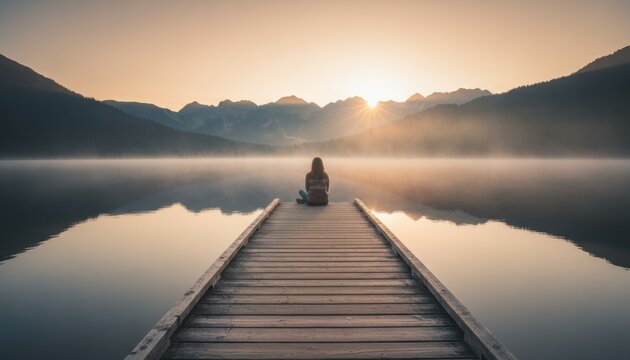Person sitting at the end of a wooden pier watching the sunrise over calm water, capturing the essence of solitude, reflection and peaceful moments in nature