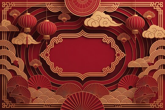 Chinese New Year Wavy Red Background with Ornate Gold Frame, Hanging Lanterns and Layered Fan Decorations - Powered by Adobe