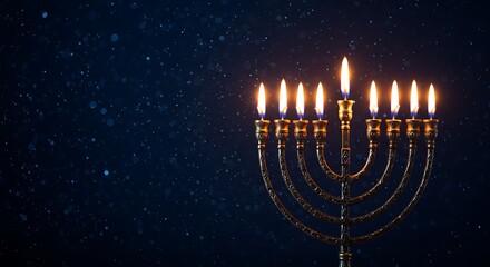 A glowing menorah with seven lit candles against a dark, starry night sky, symbolizing hanukkah traditions and celebrations