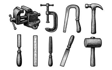 Obraz premium Vintage handcrafted tool collection with detailed engraving design