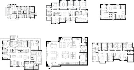 Set of six architectural floor plans for various building types