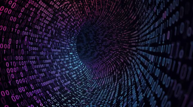 Futuristic binary code tunnel with digital green light creating an abstract technology pattern