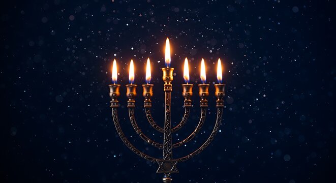 A menorah with seven lit candles against a dark, starry night sky, symbolizing hanukkah traditions and celebrations
