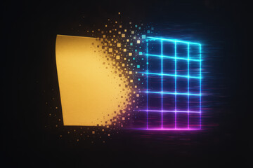 Bright digital shard dissolves into a neon grid glowing squares blending warm yellow to cool electric blue in a cinematic high-tech ambiance