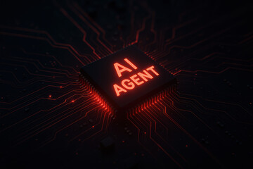 Futuristic glowing red AI agent chip with circuitry on dark board high tech scene digital power and innovation in motion bold neon typography suggesting intelligent machine