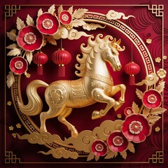 Obraz premium Chinese New Year 3D Gold Horse Zodiac Background with Peony Flowers, Hanging Lanterns and Intricate Red Textures