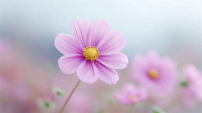 Single pink flower in soft focus with pastel background, symbol of purity, tenderness and natural beauty with copy space.