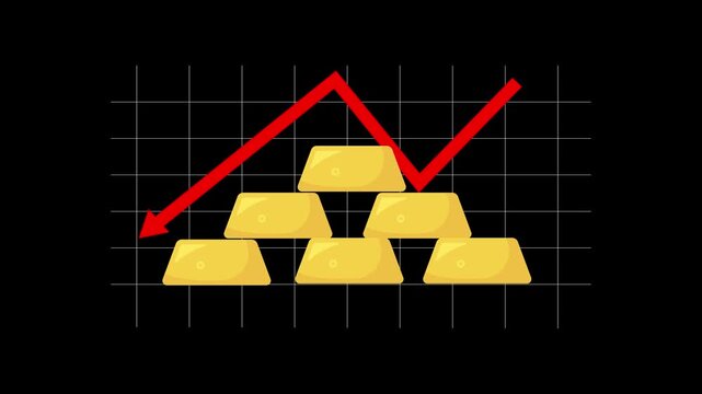 Gold bar value decreasing with downward arrow symbol, financial decline concept and economic crisis illustration animation.