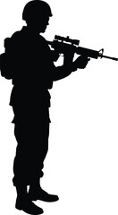 Silhouette, soldier, rifle, helmet, backpack, military, tactical, combat, armed, defense, war, army, weapon, standing, scoped, gear, battlefield, security, infantry, warfare