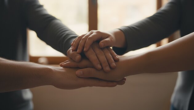 Hands stacked together symbolizing unity trust teamwork and emotional support in warm indoor lighting environment - Powered by Adobe