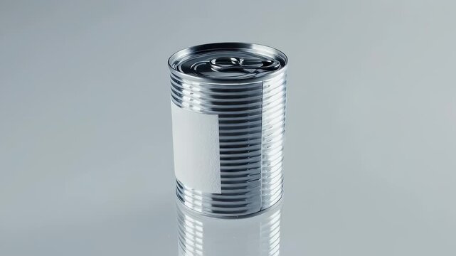 A metallic, ribbed can with a blank label sits on a glossy surface, casting a subtle reflection