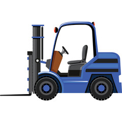 Blue Forklift Truck With Black Tires And Gray Mast In A Studio Setting With A White Background