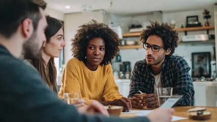 Ultra HD Diverse group of young professionals collaborating on a project, discussing ideas and strategies in a modern office setting, fostering teamwork and innovation for business success - Powered by Adobe