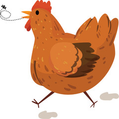 Cartoon brown hen walking forward with a fly above its head on transparent background