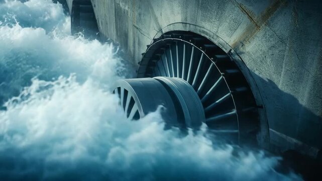 Powerful water rushing through a turbine at a hydroelectric dam