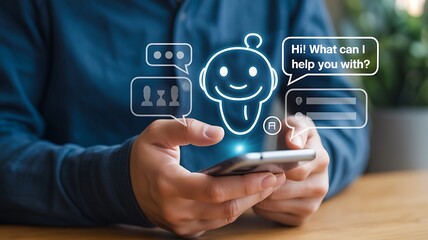Hands holding smartphone with chatbot interface offering customer support and assistance exploring artificial intelligence solutions for business needs and modern technology
