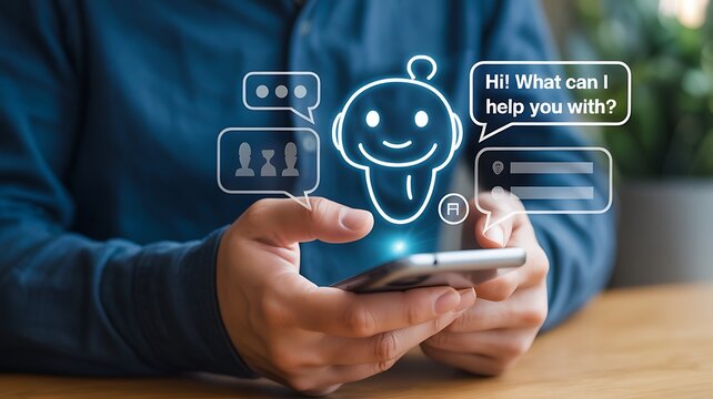 Hands holding smartphone with chatbot interface offering customer support and assistance exploring artificial intelligence solutions for business needs and modern technology