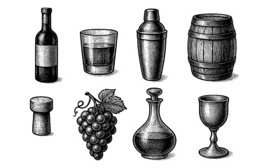 Naklejka premium Vintage wine and bar tools set in engraved style