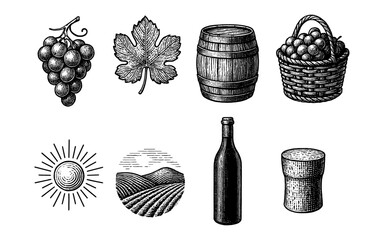 Naklejka premium Vintage winery elements: grapes, barrel, bottle, and vineyard icons