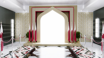 Palace hall with bahrain flag leading to a shining arabic door,