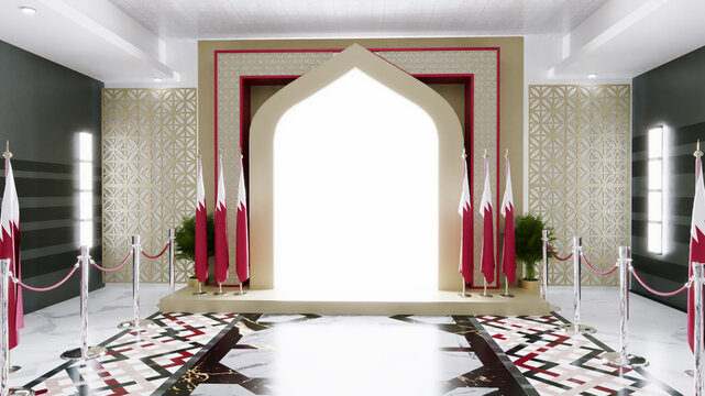 Palace hall with bahrain flag leading to a shining arabic door,